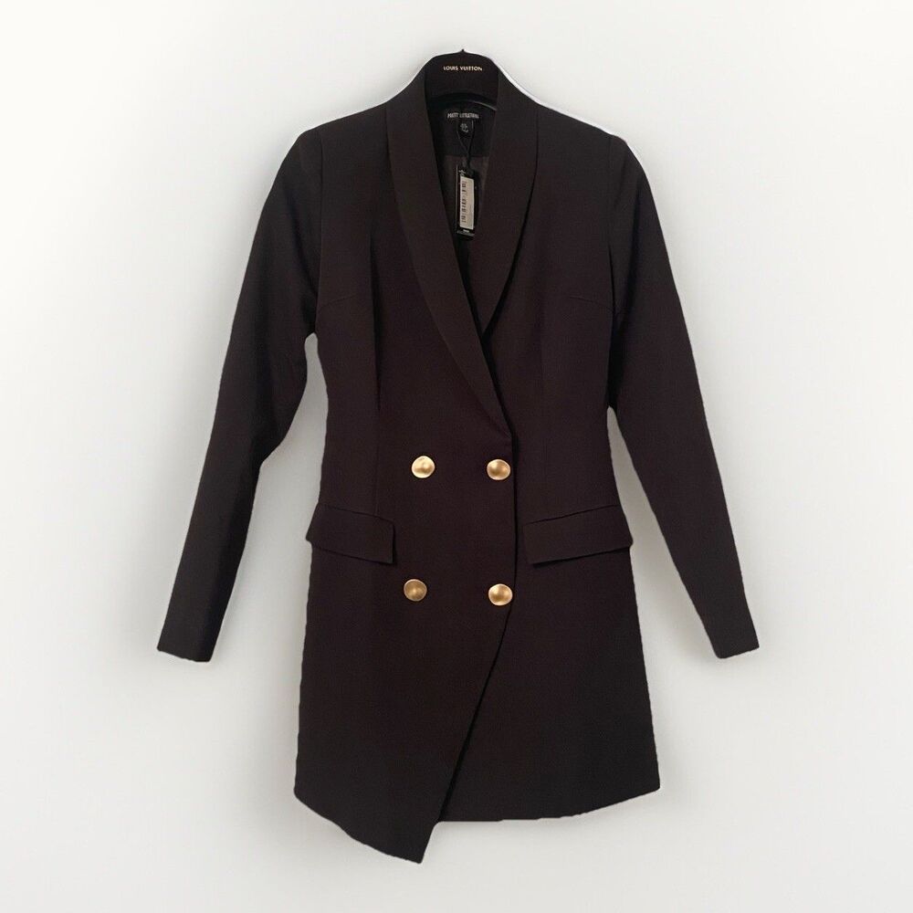 NWT Pretty Little Thing Black GOLD BUTTON BLAZER Mini Suit DRESS size 2 US